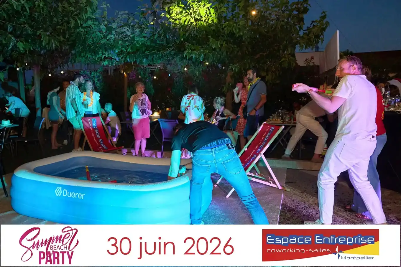Summer Beach 2026 du Club LR à Montpellier : bataille d'eau nocturne autour de la piscine