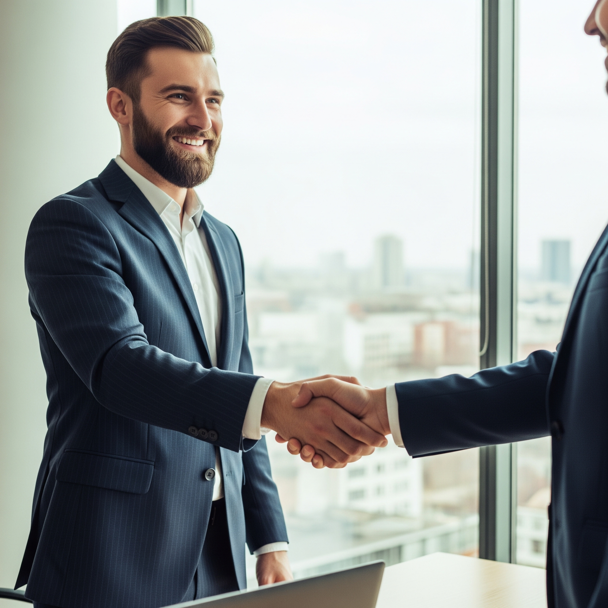 Two business partners shaking hands in an office