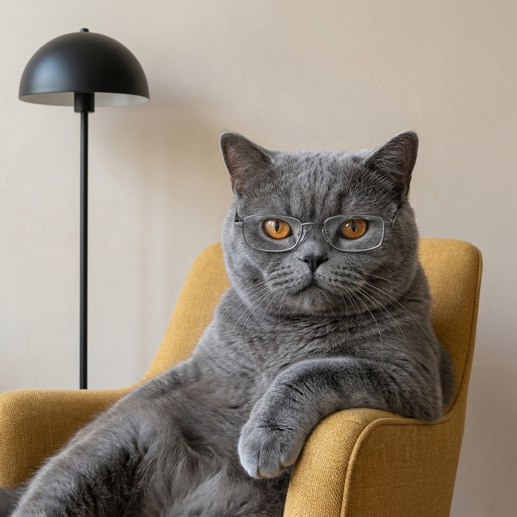 Grey Brieffin cat wearing glasses in a yellow armchair beside a black lamp