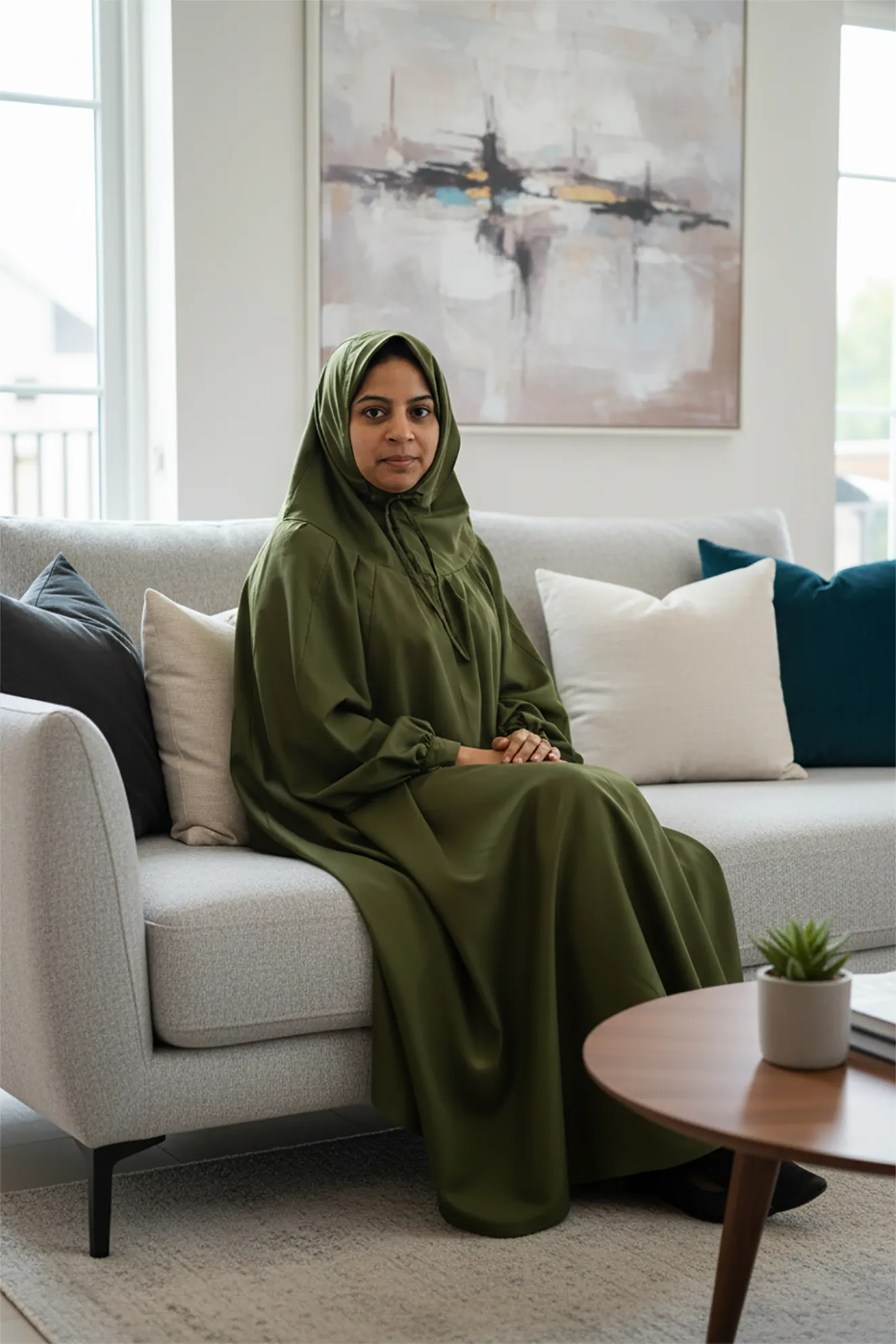 Woman wearing an olive green abaya and hijab sitting on a light gray sofa in a modern living room with abstract wall art.
