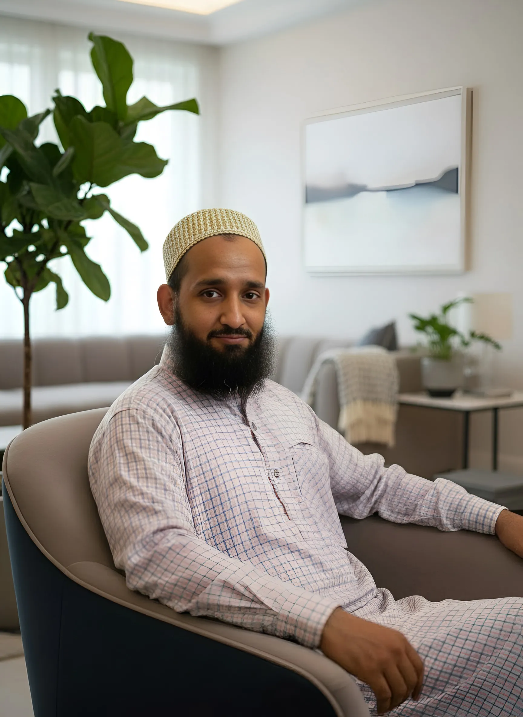 Bearded man in traditional light checkered attire and cap sitting comfortably in an armchair inside a modern living room.