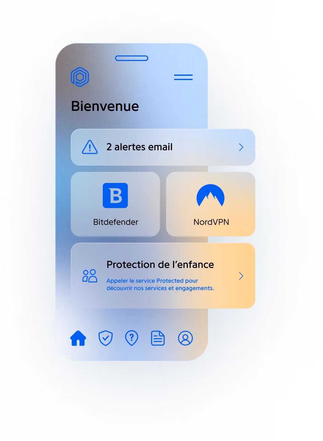 Application Protected : écran d'accueil Bienvenue, alertes email et protection de l'enfance