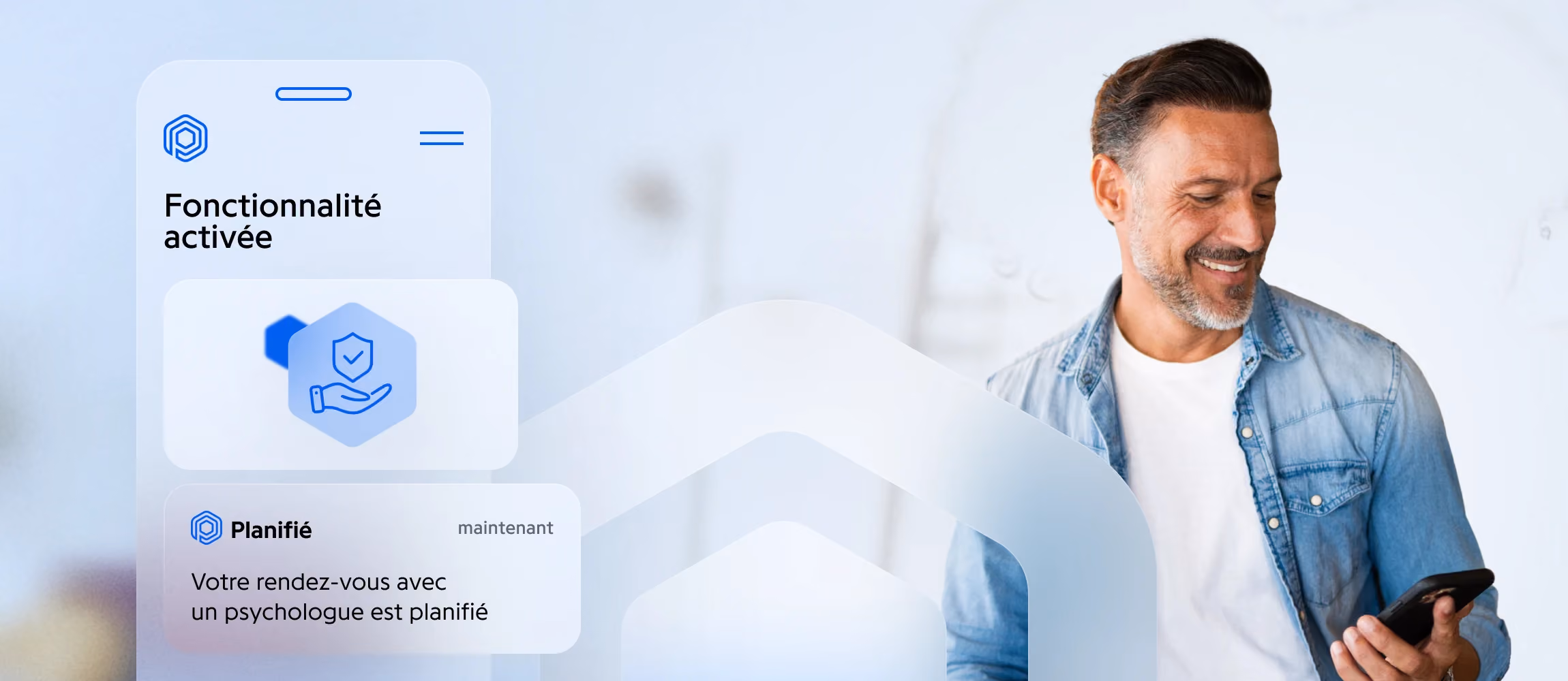 Homme souriant et notification Protected : rendez-vous avec un psychologue planifié