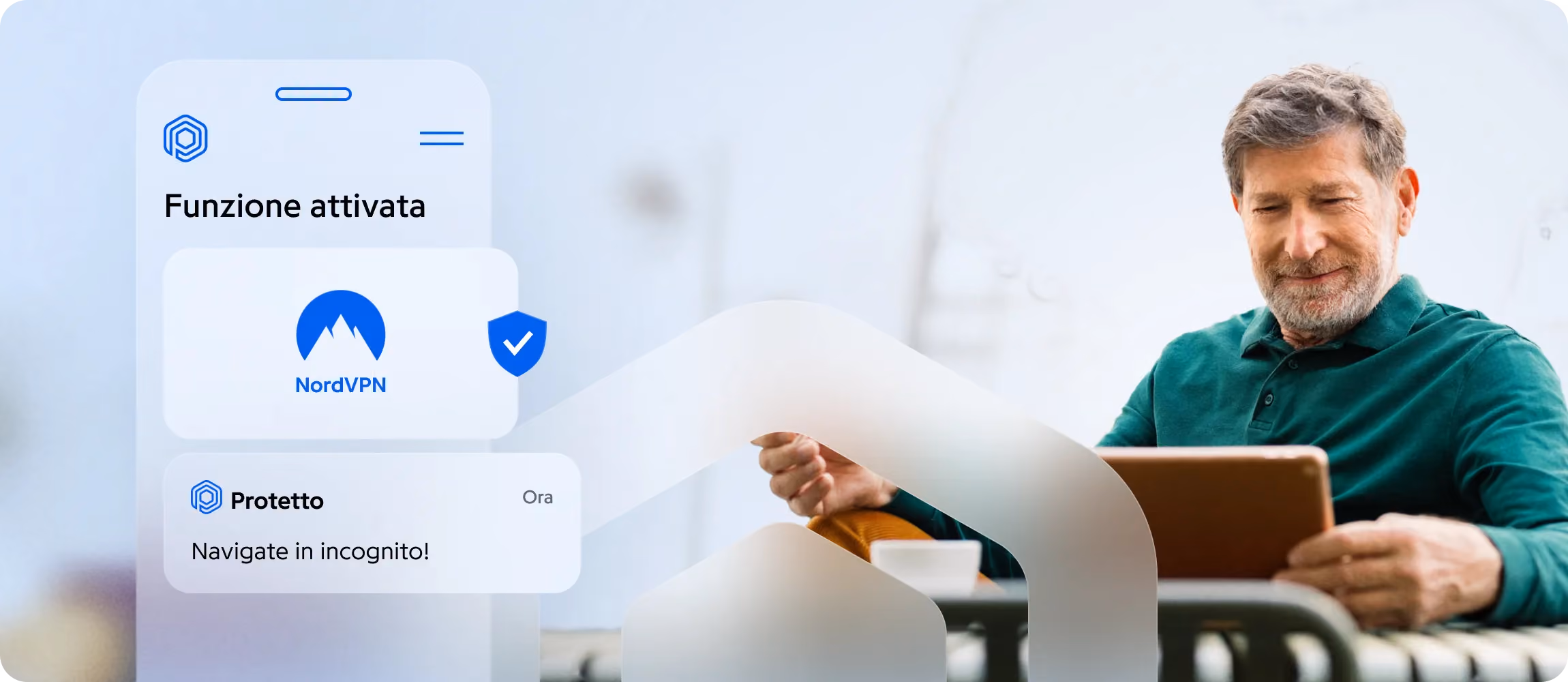 Uomo senior con un tablet, navigazione in incognito tramite NordVPN
