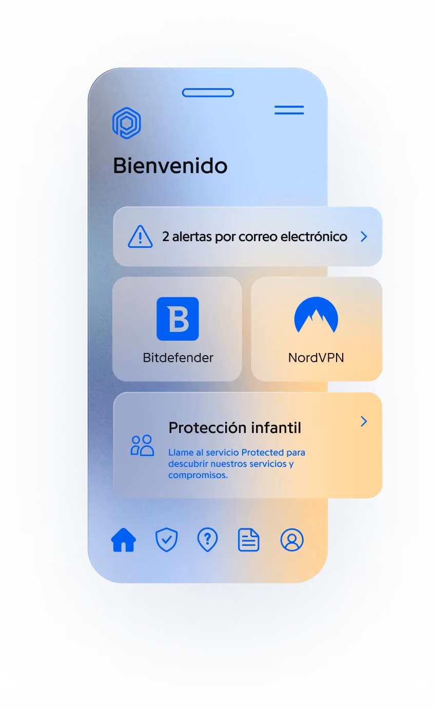 App Protected: pantalla de inicio con alertas y servicios Bitdefender y NordVPN