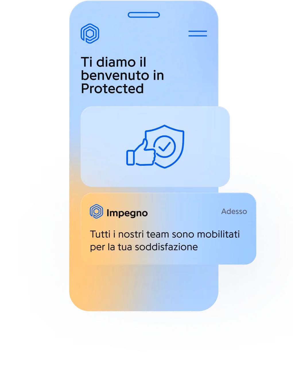 App Protected: schermata di benvenuto e notifica di impegno dei team