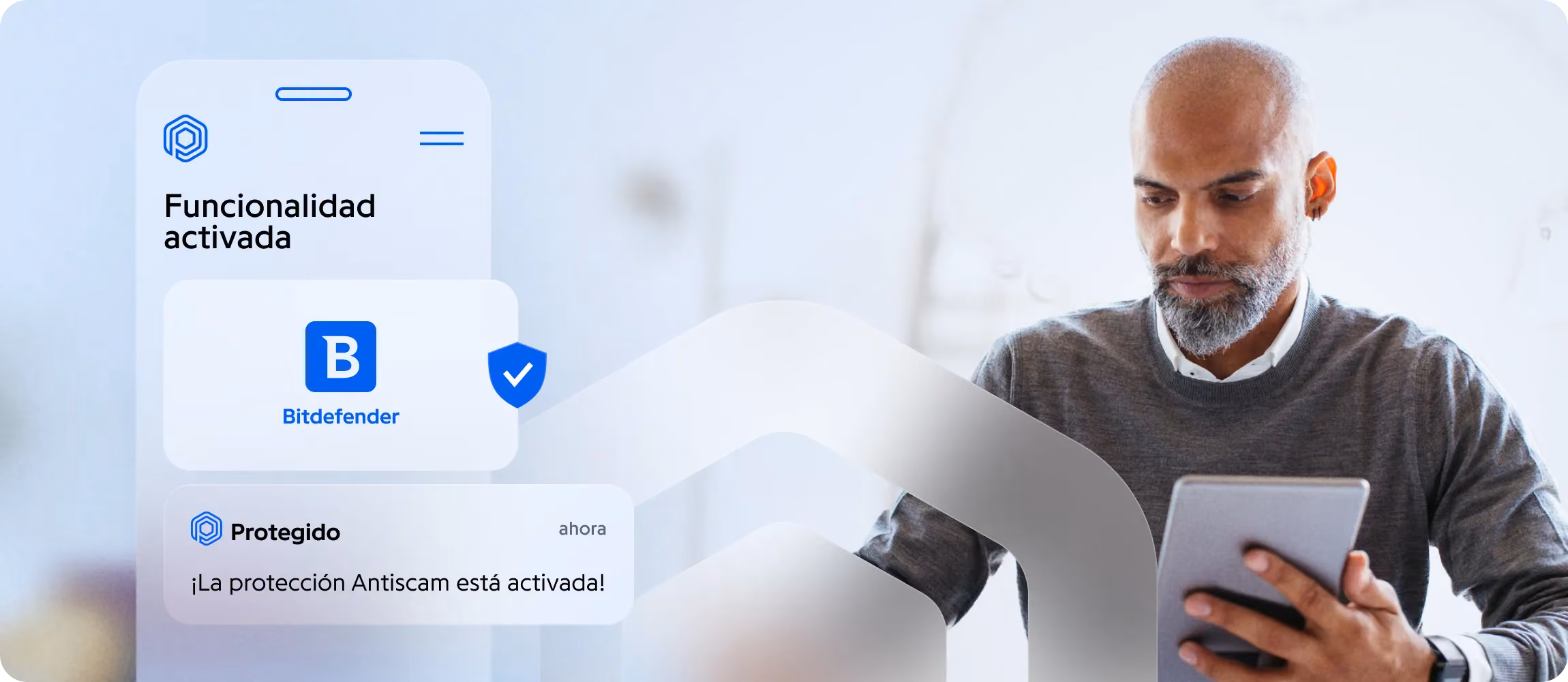 App Protected: protección Antiscam activada, hombre con una tableta