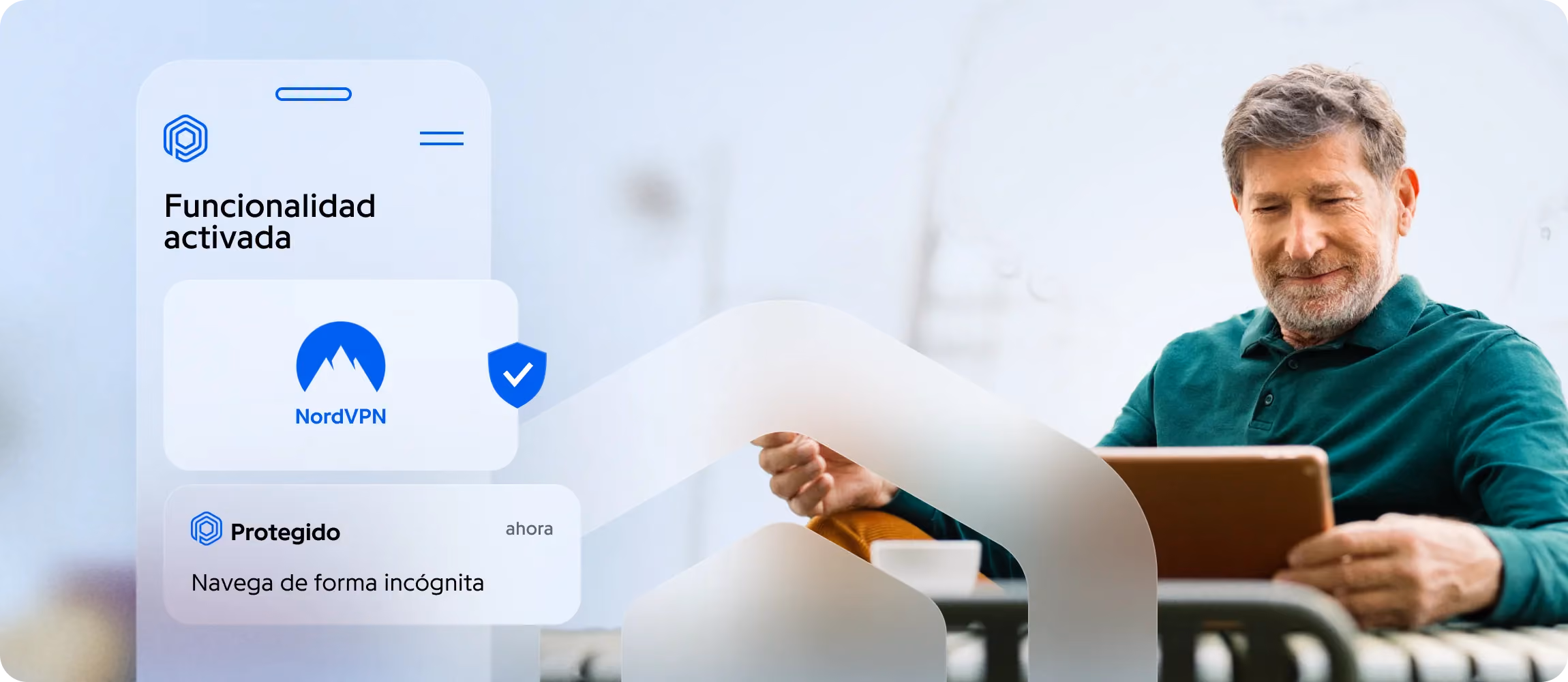 App Protected: NordVPN activado para navegar de incógnito, hombre mayor con tableta