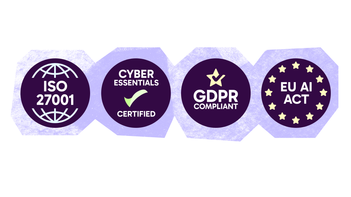 Security certifications: ISO 27001, GDPR compliant, Cyber Essentials, and EU AI Act.