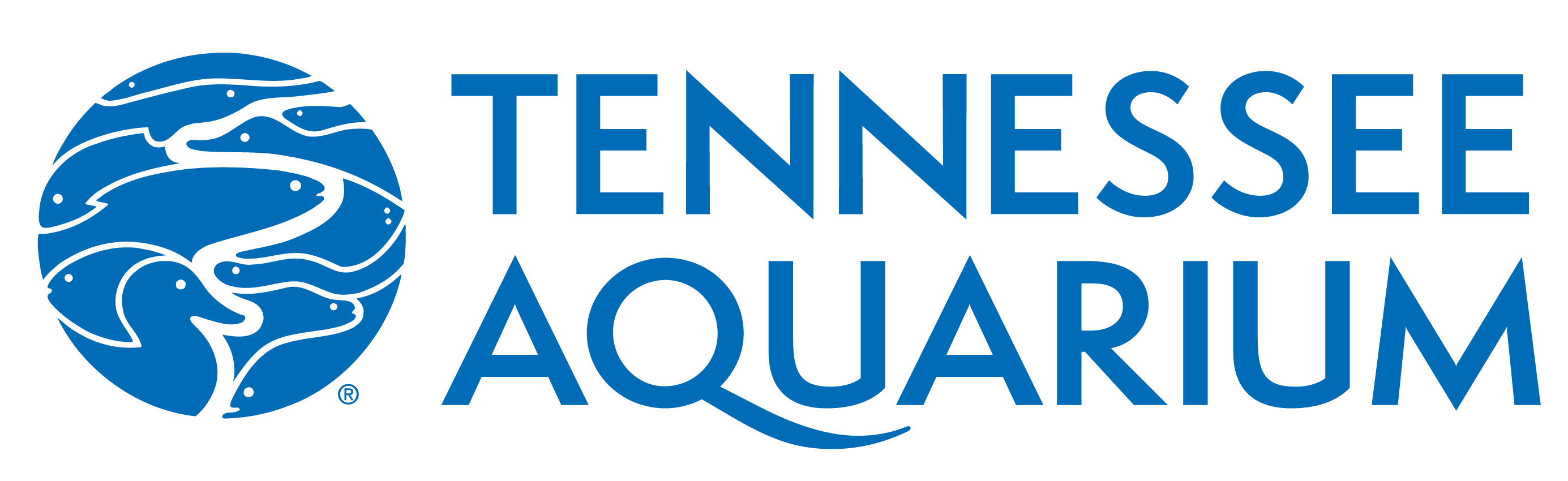 Tennessee Aquarium logo with blue circle containing fish and aquatic animals beside blue text.