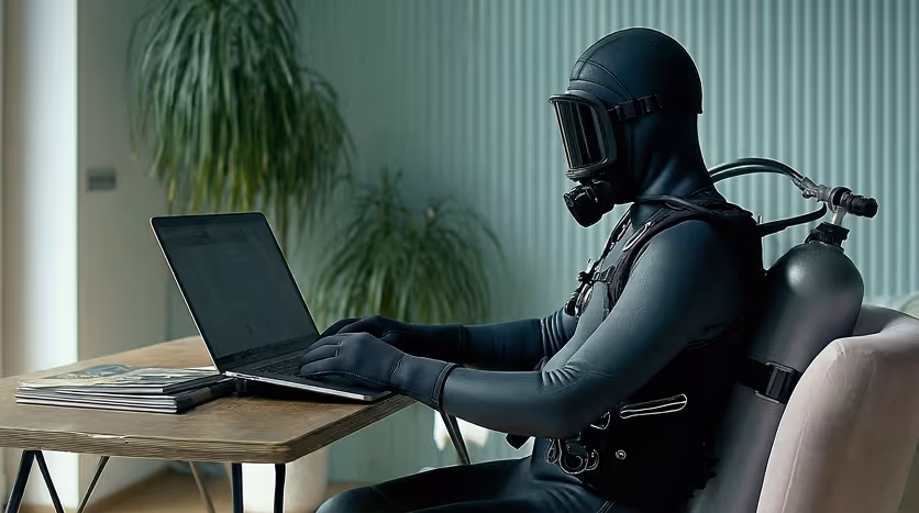 Person wearing full scuba diving gear using a laptop while sitting at a desk indoors.