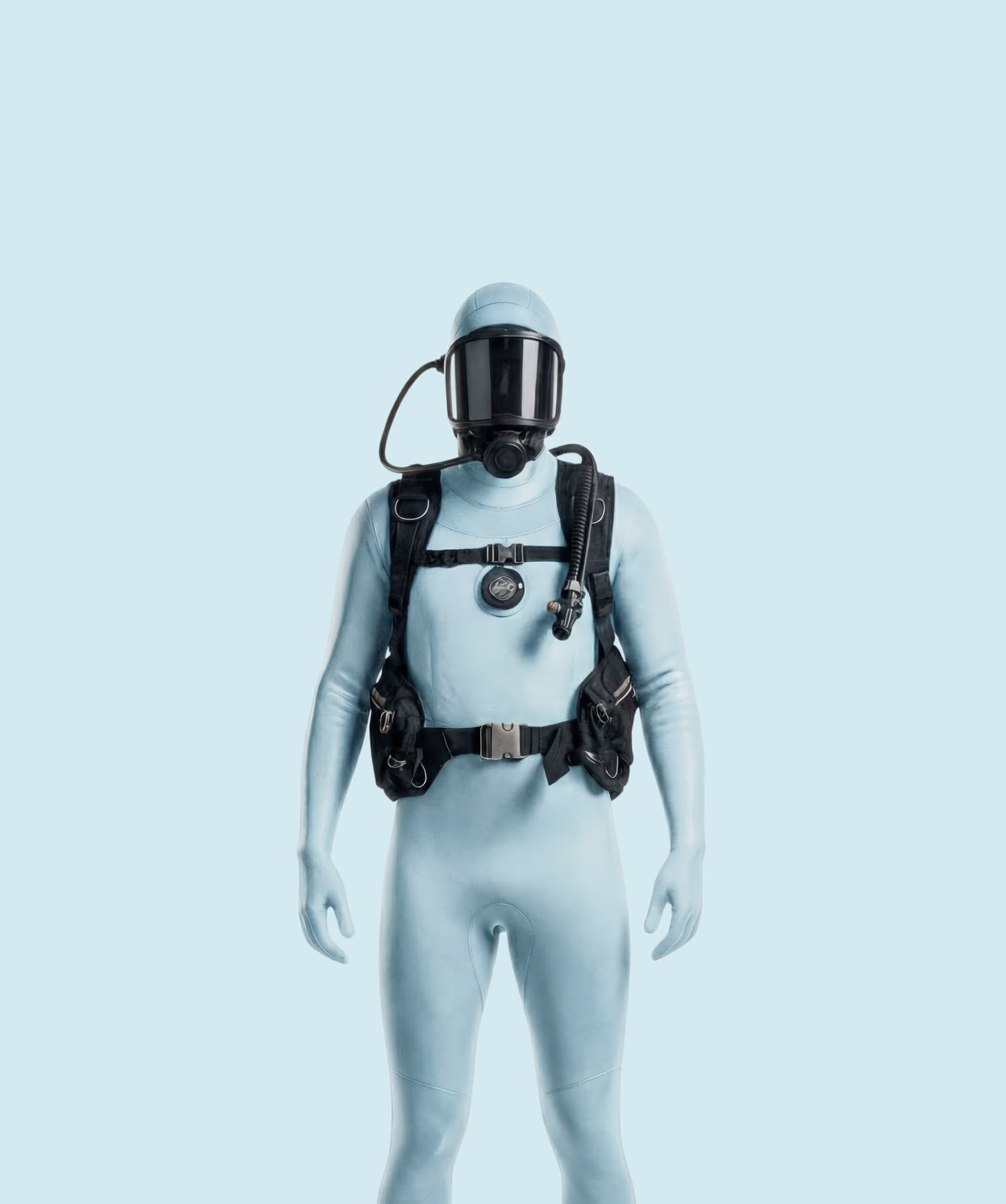 Content strategist, social media and SEO, and AI search expertise, dressed as a scuba diver in a light teal wetsuit.
