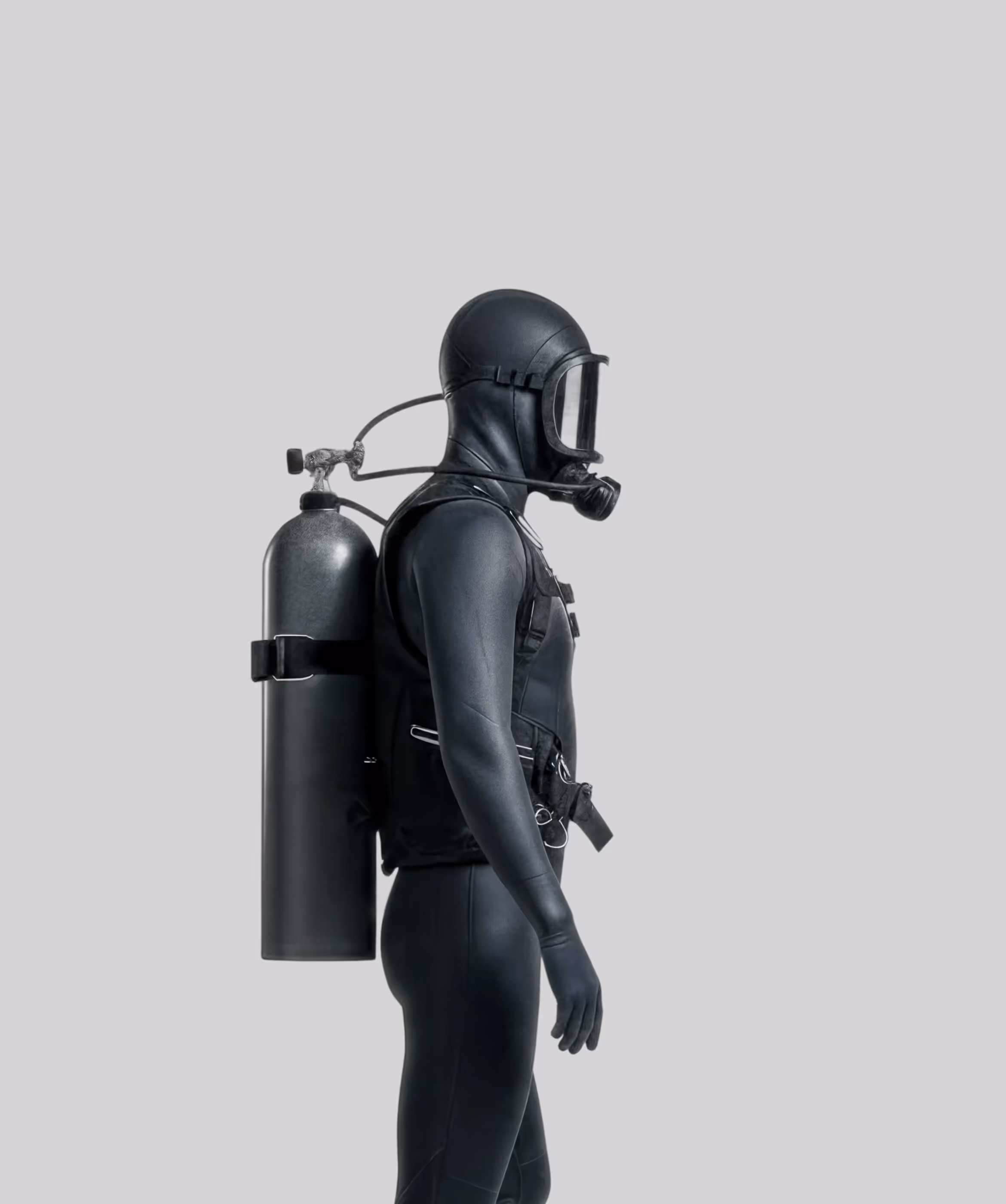 CMO, marketing expert, agent dressed as a scuba diver in a black wetsuit.