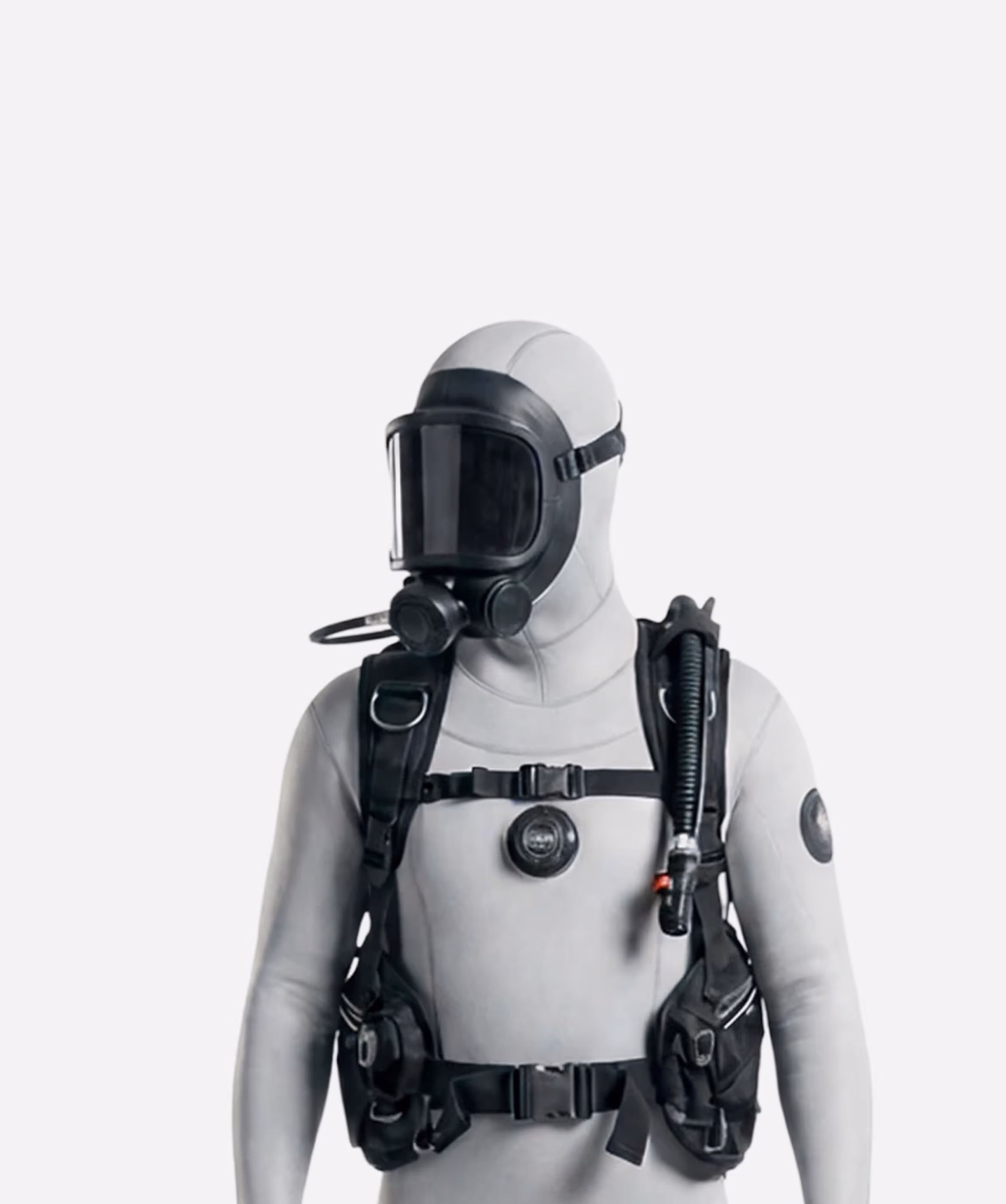 Data analyst dressed as a scuba diver in a white wetsuit.