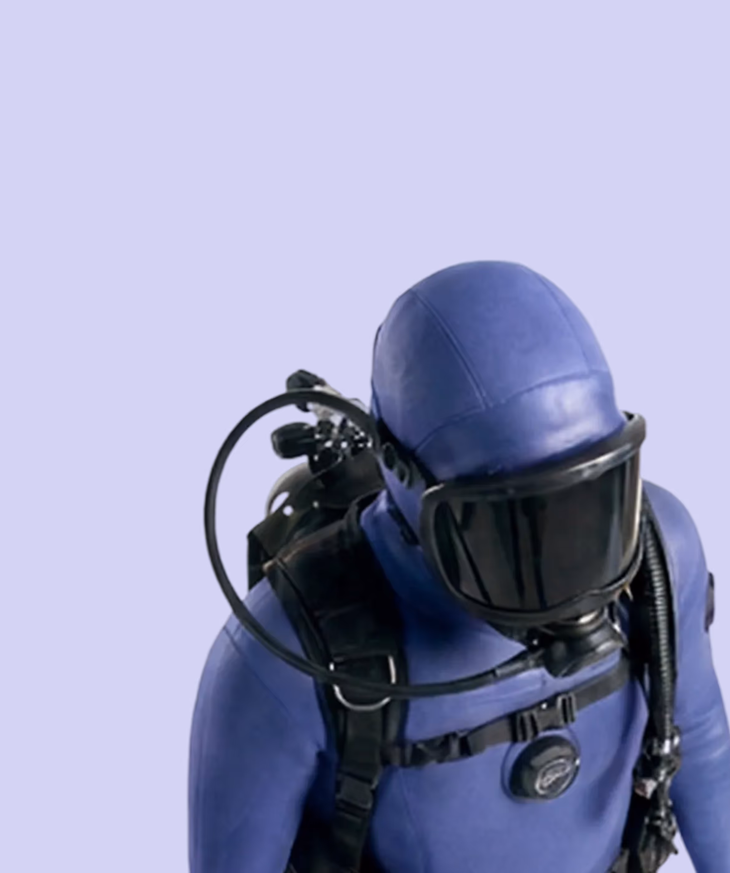 Lifecycle lead expert dressed as a scuba diver in a navy blue suit. 