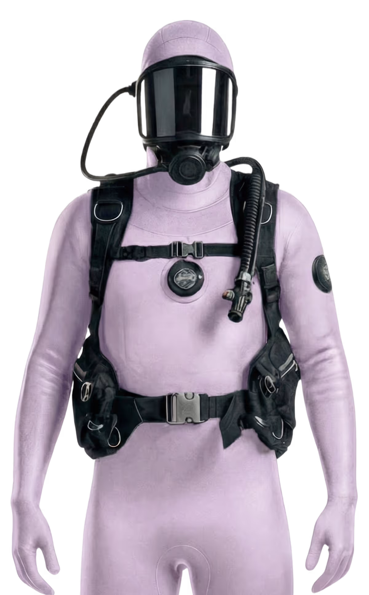 Social media strategist dressed as a scuba diver in a light pink wetsuit.
