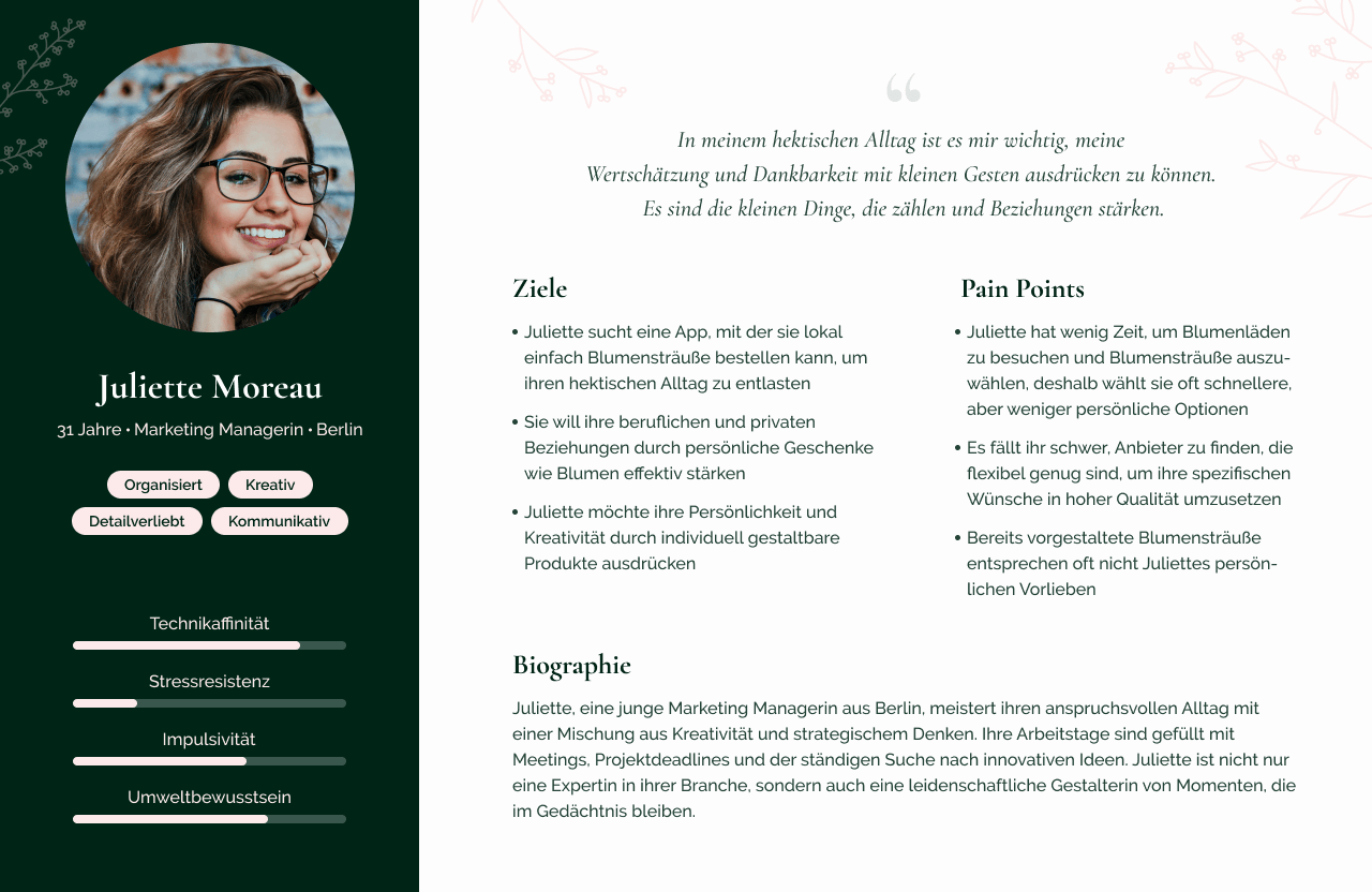 User Persona Juliette, die in ihrem stressigen Alltag als Marketing Managerin ihre beruflichen und privaten Beziehungen mit kleinen Geschenken pflegen möchte.
