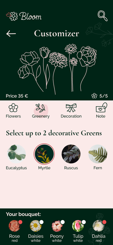 High fidelity MockUp des Customizers, der User kann in diesem Schritt dekorative Pflanzen für dne Blumenstrauß auswählen.