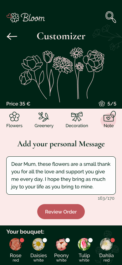 High fidelity MockUp des Customizers, der User kann eine Notiz hinzufügen.