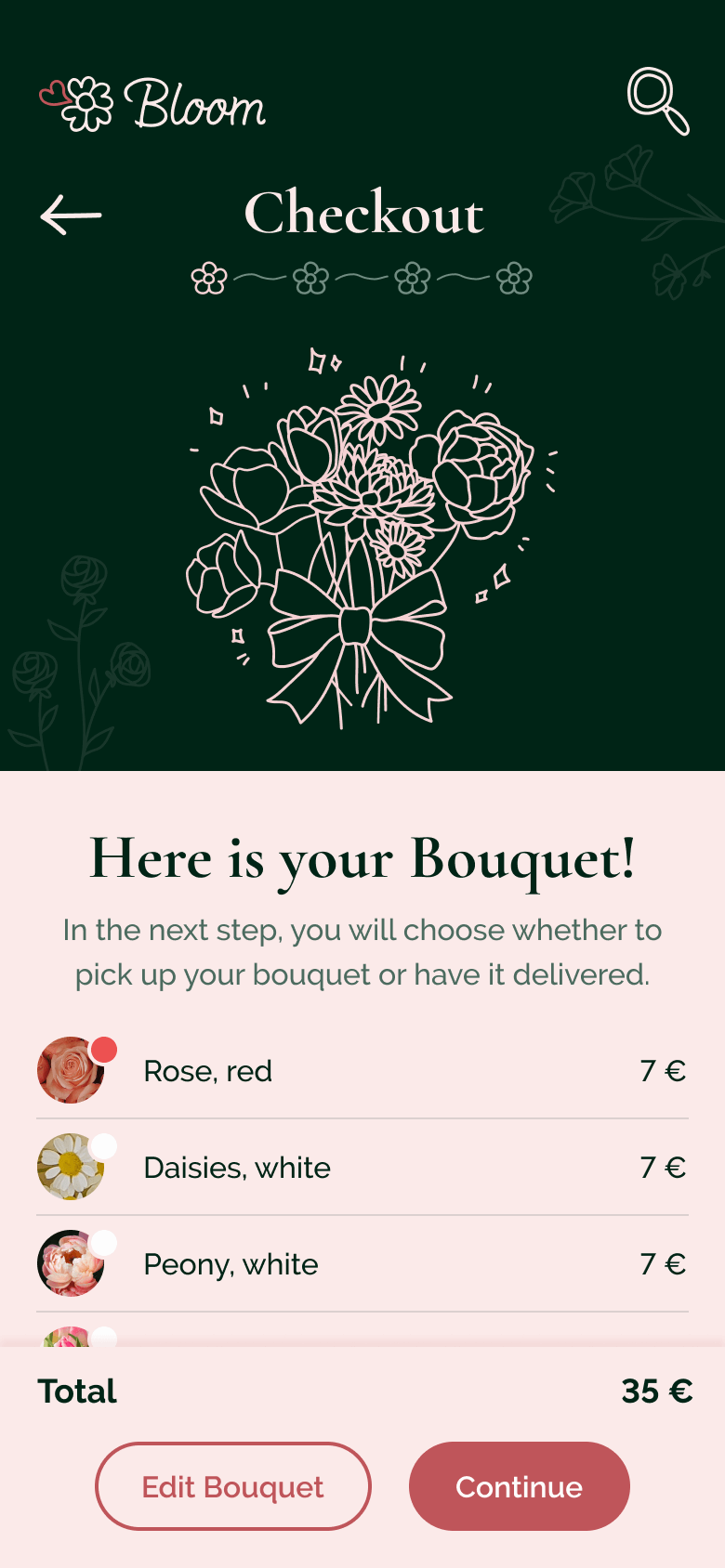 High fidelity MockUp des Customizers, die Übersichtsseite über den zusammengestellten Blumenstrauß.
