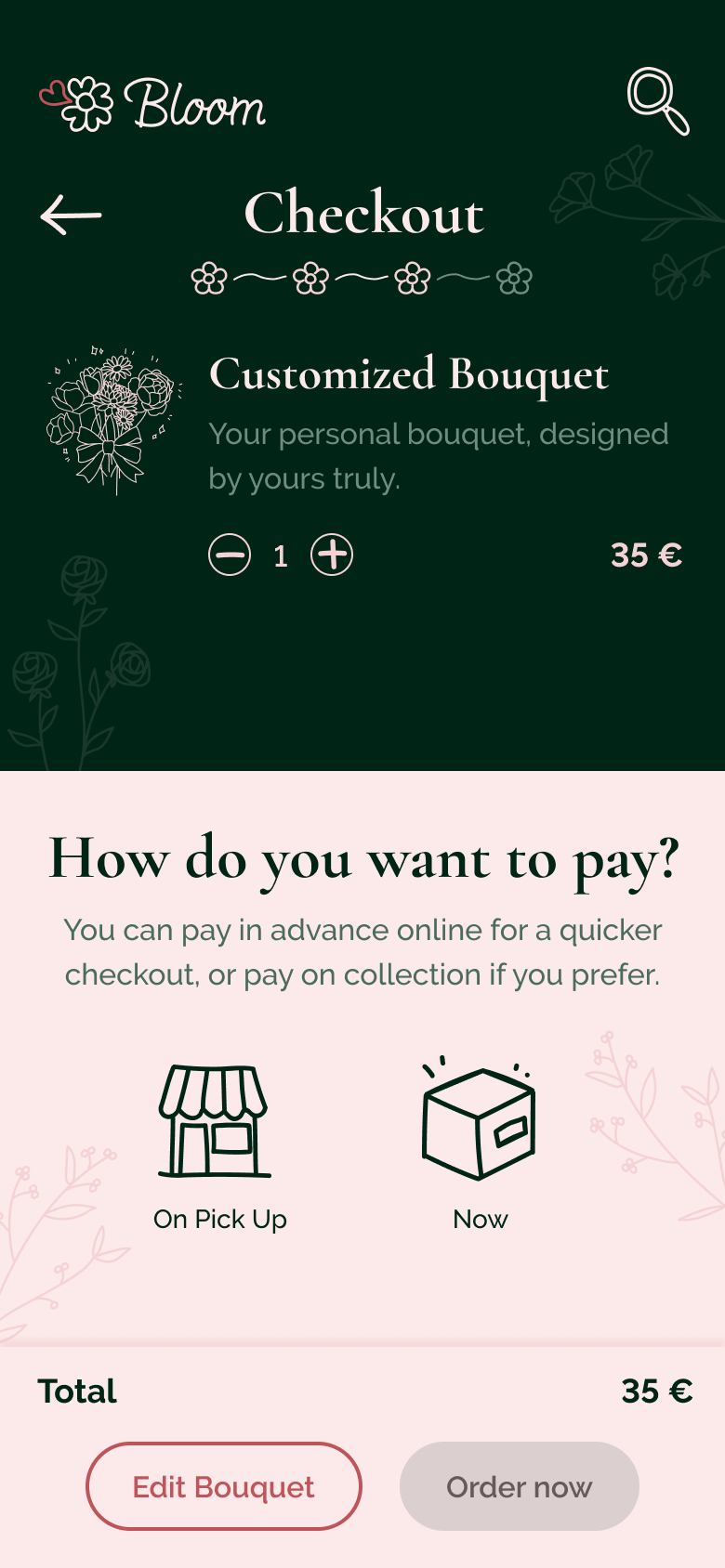 High fidelity MockUp des Customizers, der User kann auswählen, ob er in der App oder bei Abholung bezahlt.