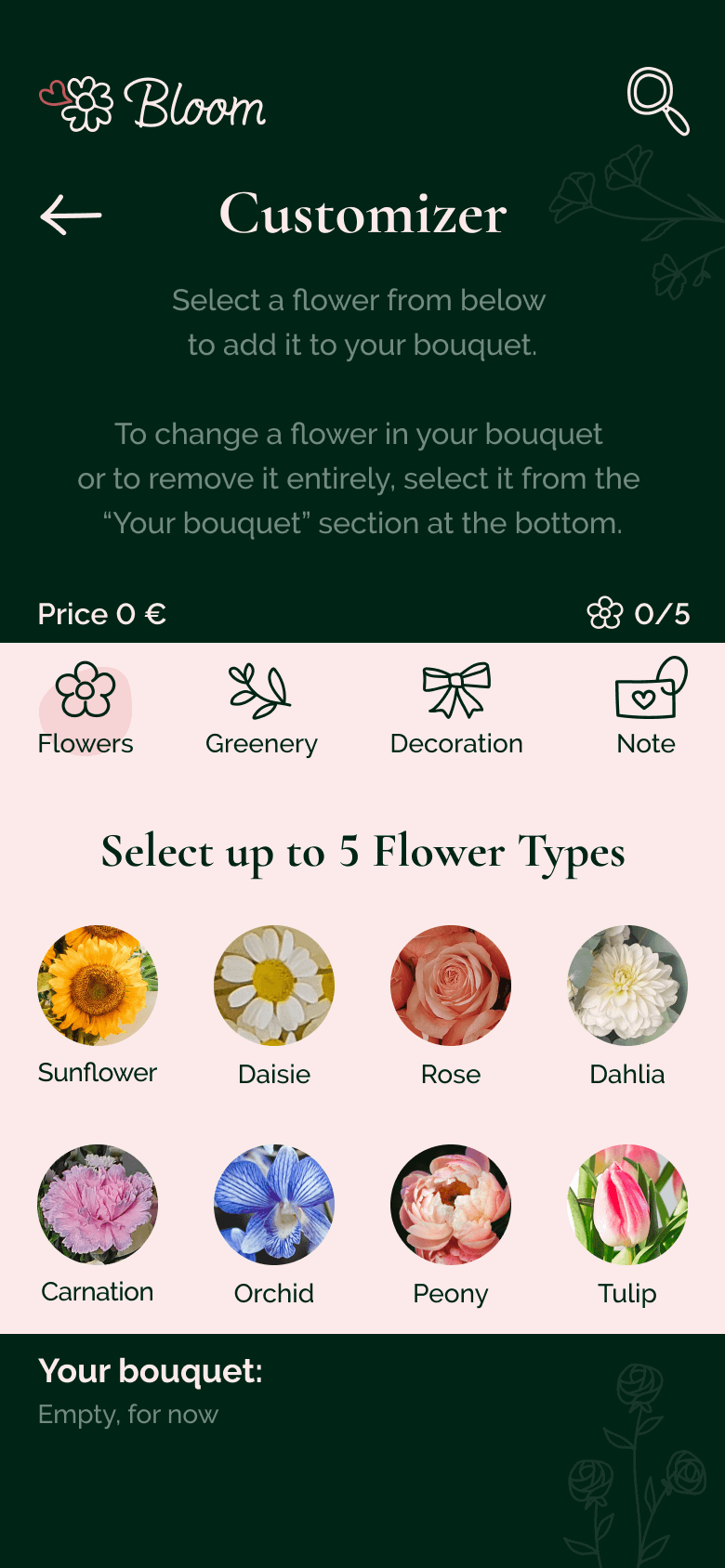 High fidelity MockUp des Customizers, der User kann Blumen auswählen.