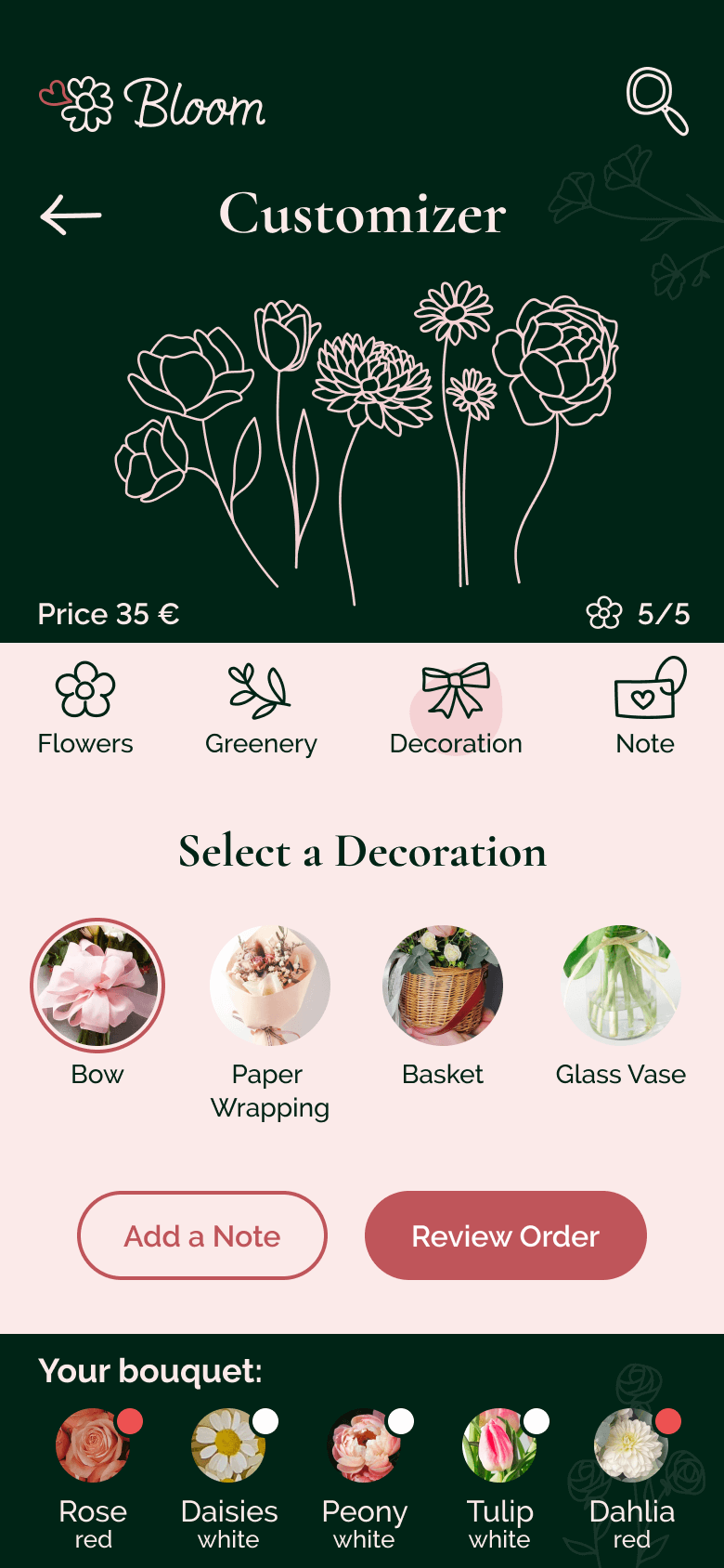 High fidelity MockUp des Customizers, der User kann eine Dekoration für seinen Blumenstrauß auswählen.