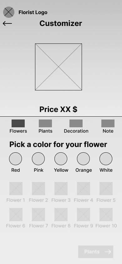 Low fidelity MockUp des Customizers, der User kann eine Farbe für die ausgewählte Blume auswählen.