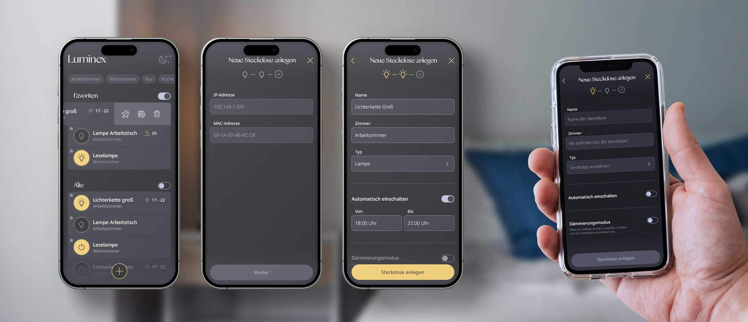 Person hält ein Smartphone in der Hand, auf dem die Luminex Anwendung läuft. Daneben sind drei weitere Ansichten aus der Anwendung.