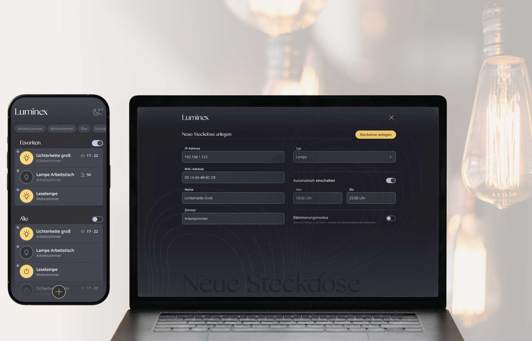 Ein Macbook und ein Smartphone, auf denen Luminex geöffnet ist.