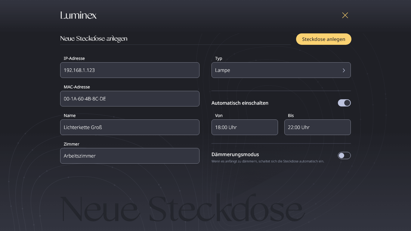 High fidelity MockUp, Desktop Ansicht, um eine neue Steckdose anzulegen.