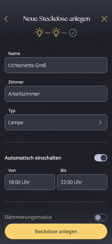 High fidelity MockUp, der User legt gerade eine neue Steckdose an.