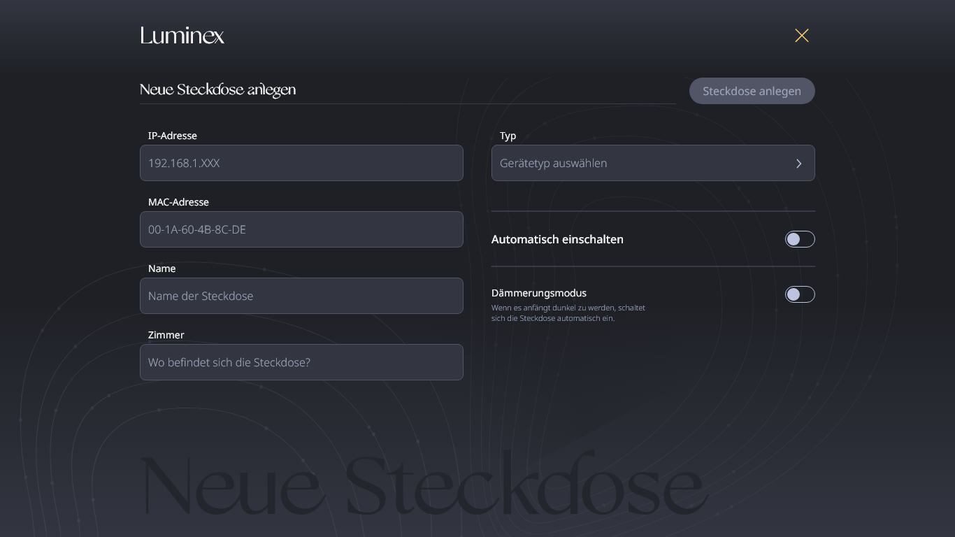 High fidelity MockUp, Desktop Ansicht, um eine neue Steckdose anzulegen.