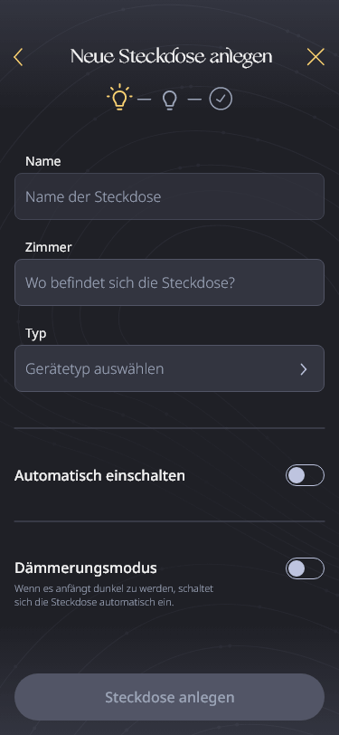 High fidelity MockUp, der User legt gerade eine neue Steckdose an