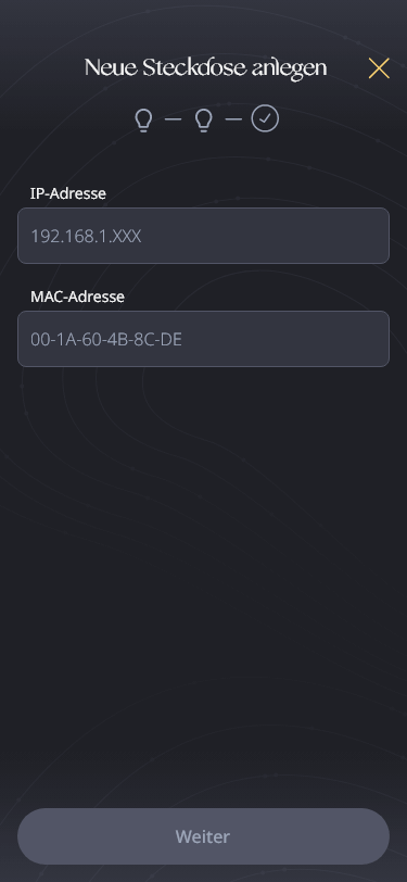 High fidelity MockUp, der User legt gerade eine neue Steckdose an.