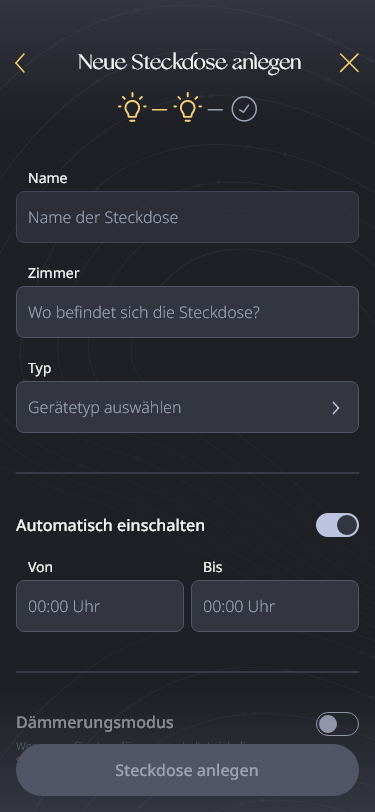 High fidelity MockUp, der User legt gerade eine neue Steckdose an