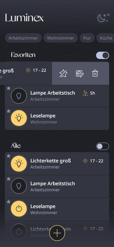 High fidelity MockUp, der User hat eine der Steckdosen auf dem Dashboard geswipt und weitere Optionen geöffnet.