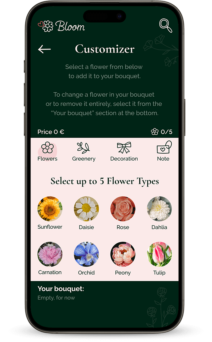 Der Nutzer stellt sich seinen Blumenstrauß zusammen.