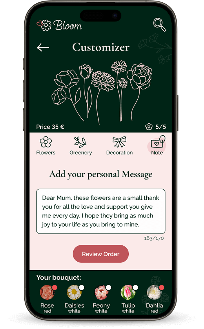Der Nutzer fügt seinem Blumenstraß eine persönliche Nachricht hinzu.