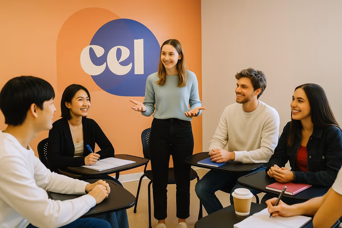Petit groupe d’étudiants à CEL San Diego pratiquant la communication en anglais