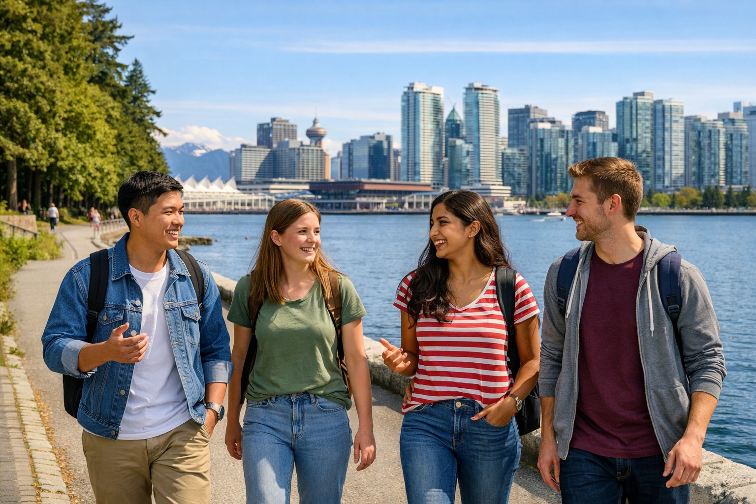 Students speaking English while walking along Vancouver Seawall