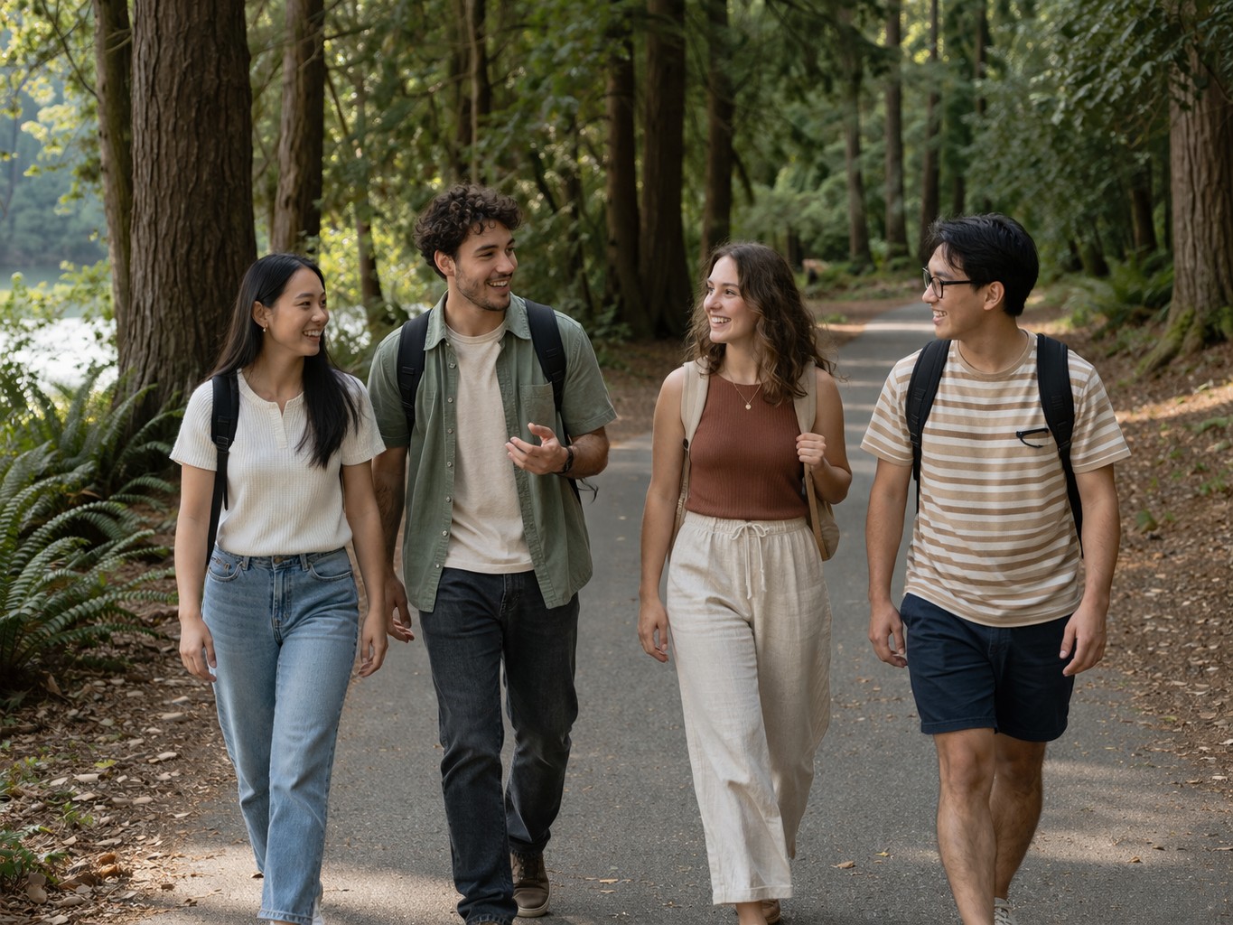 Students walking and talking in Stanley Park during English course in Vancouver