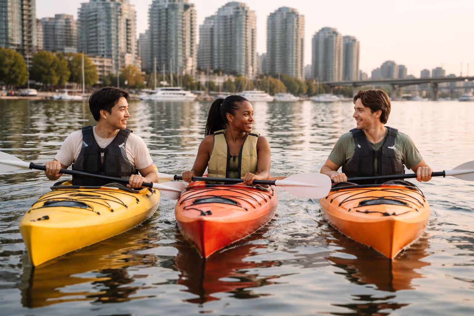 Studierende fahren Kajak in Vancouver während ihres Sprachaufenthalts