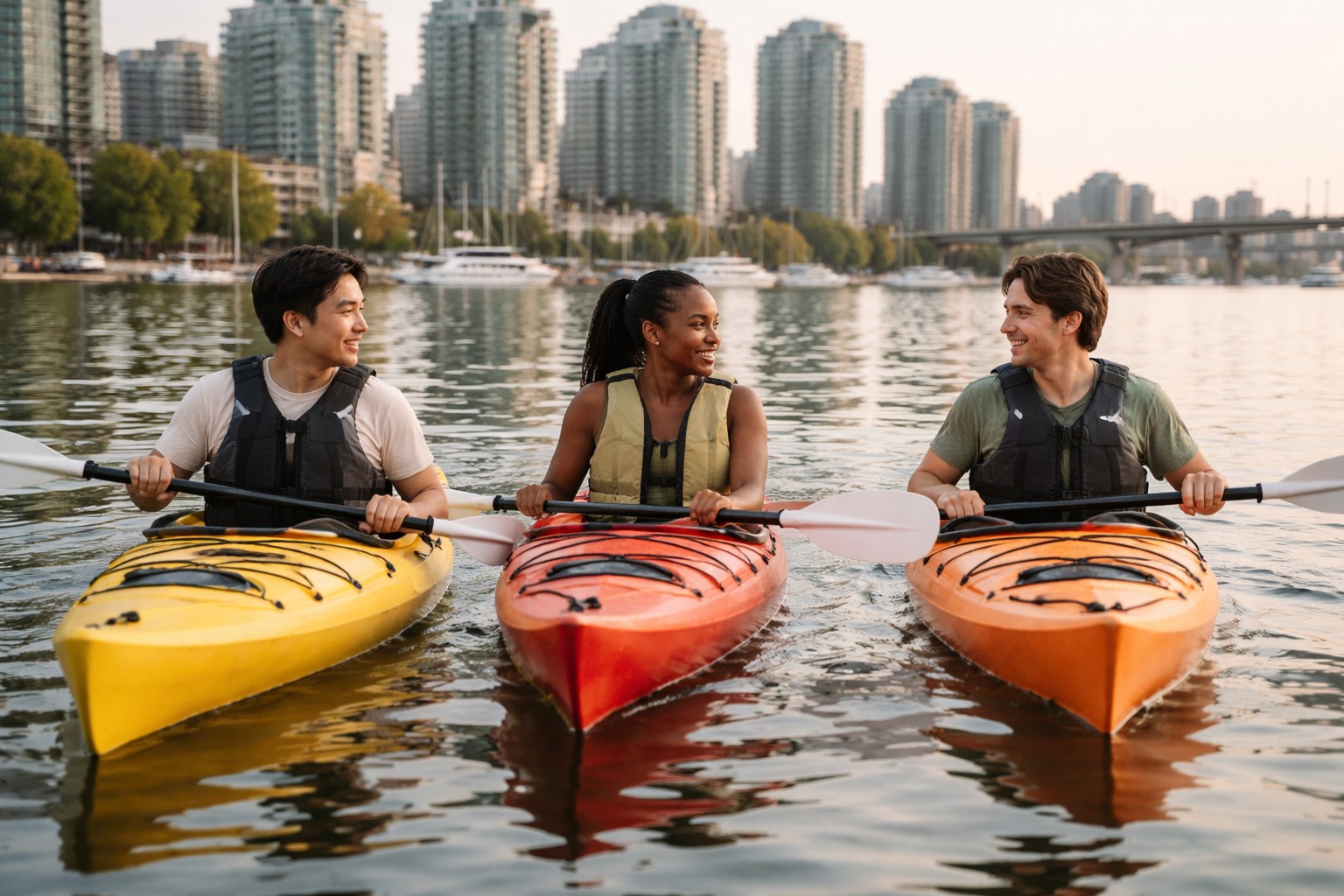 Students kayaking in False Creek during their English course in Vancouver