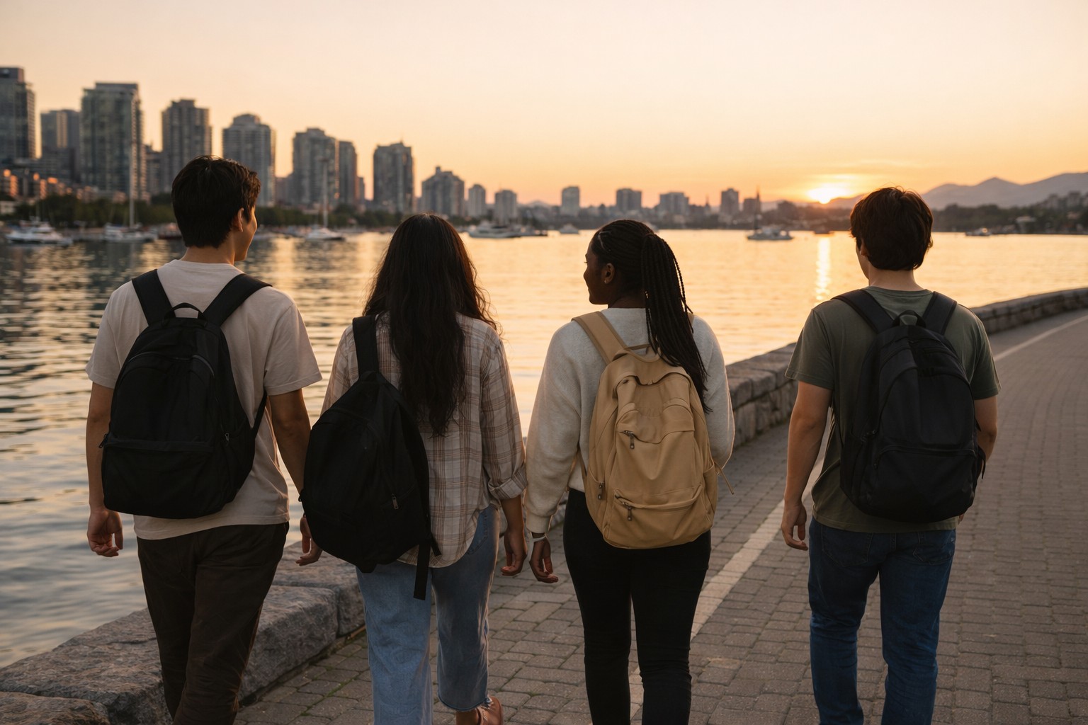 Students walking together along Vancouver waterfront after class