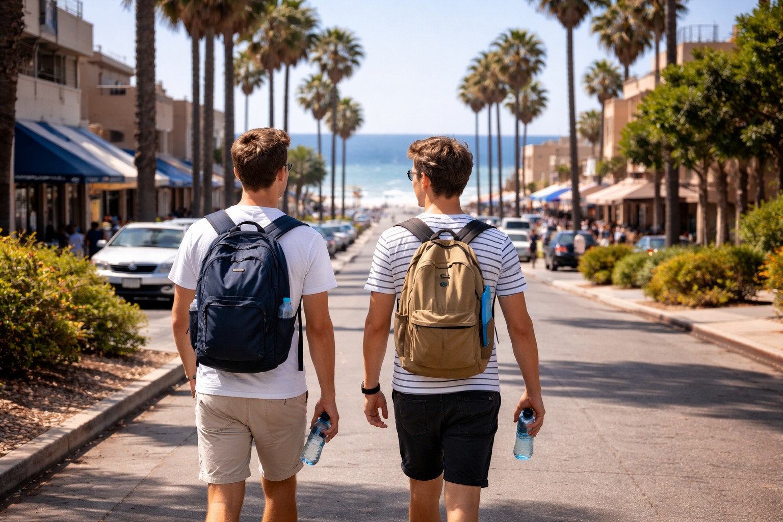 Student walking from English school to the beach in San Diego Pacific Beach