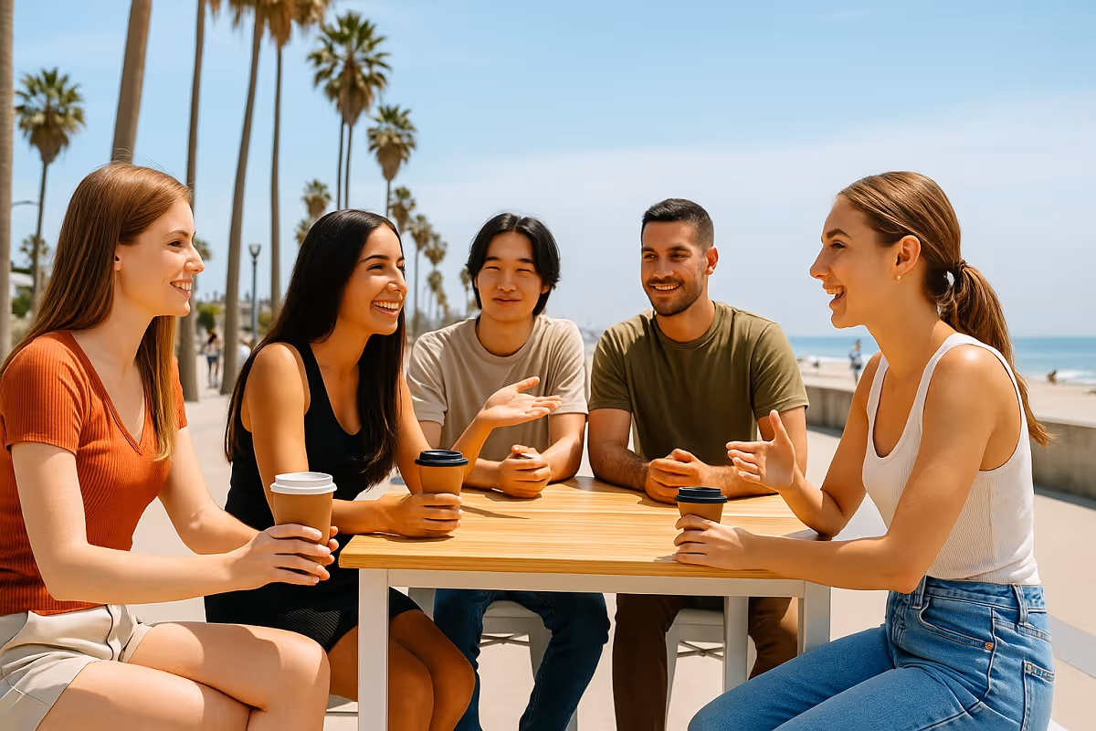 Studierende sprechen nach dem Englischunterricht in einem Café am Strand in Pacific Beach San Diego
