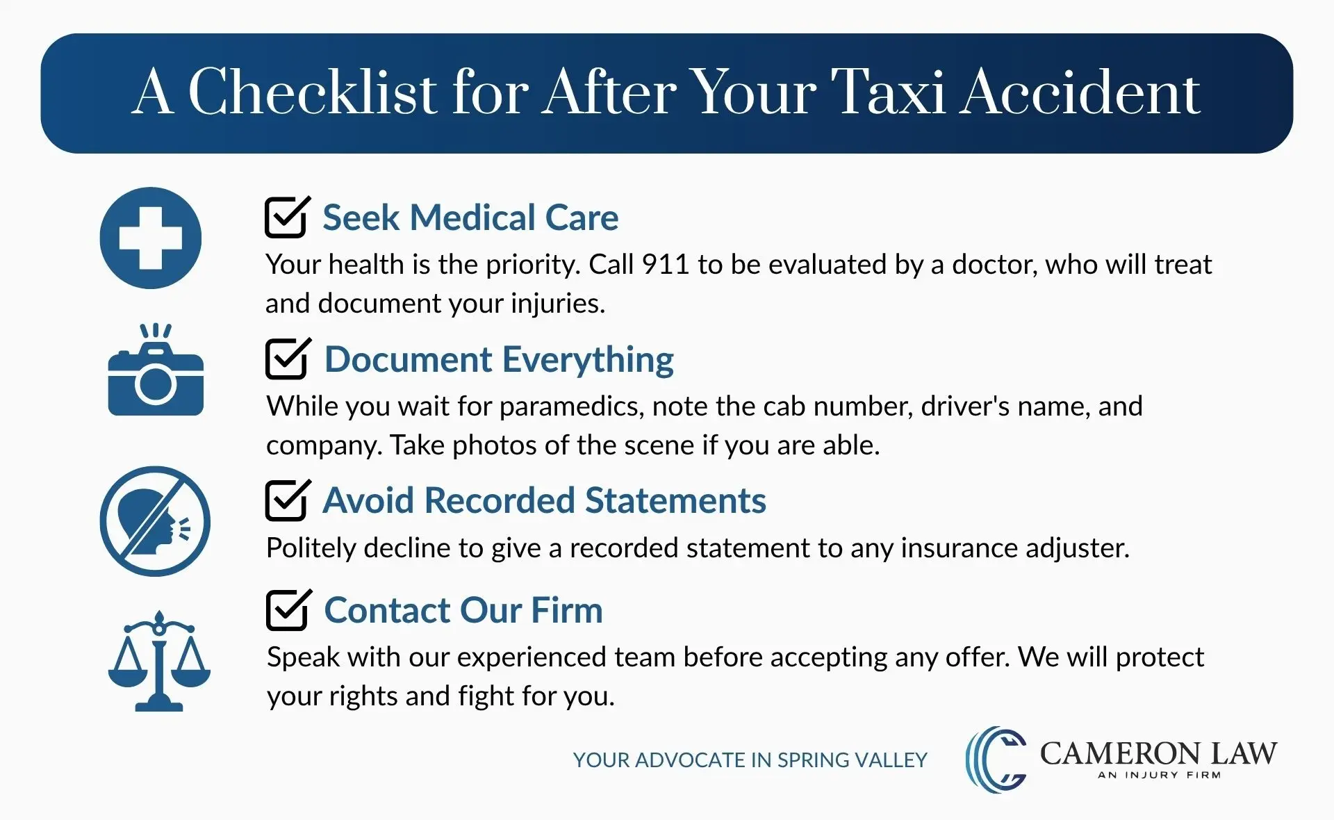 A checklist infographic detailing the important steps to take after being injured in a taxi accident in Spring Valley.