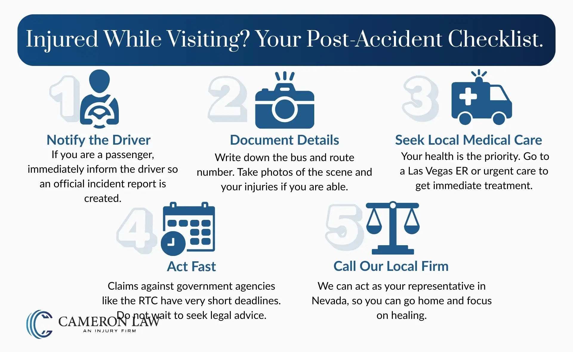 A checklist infographic titled "A Tourist's Guide: What to Do After a Bus Accident in Las Vegas."