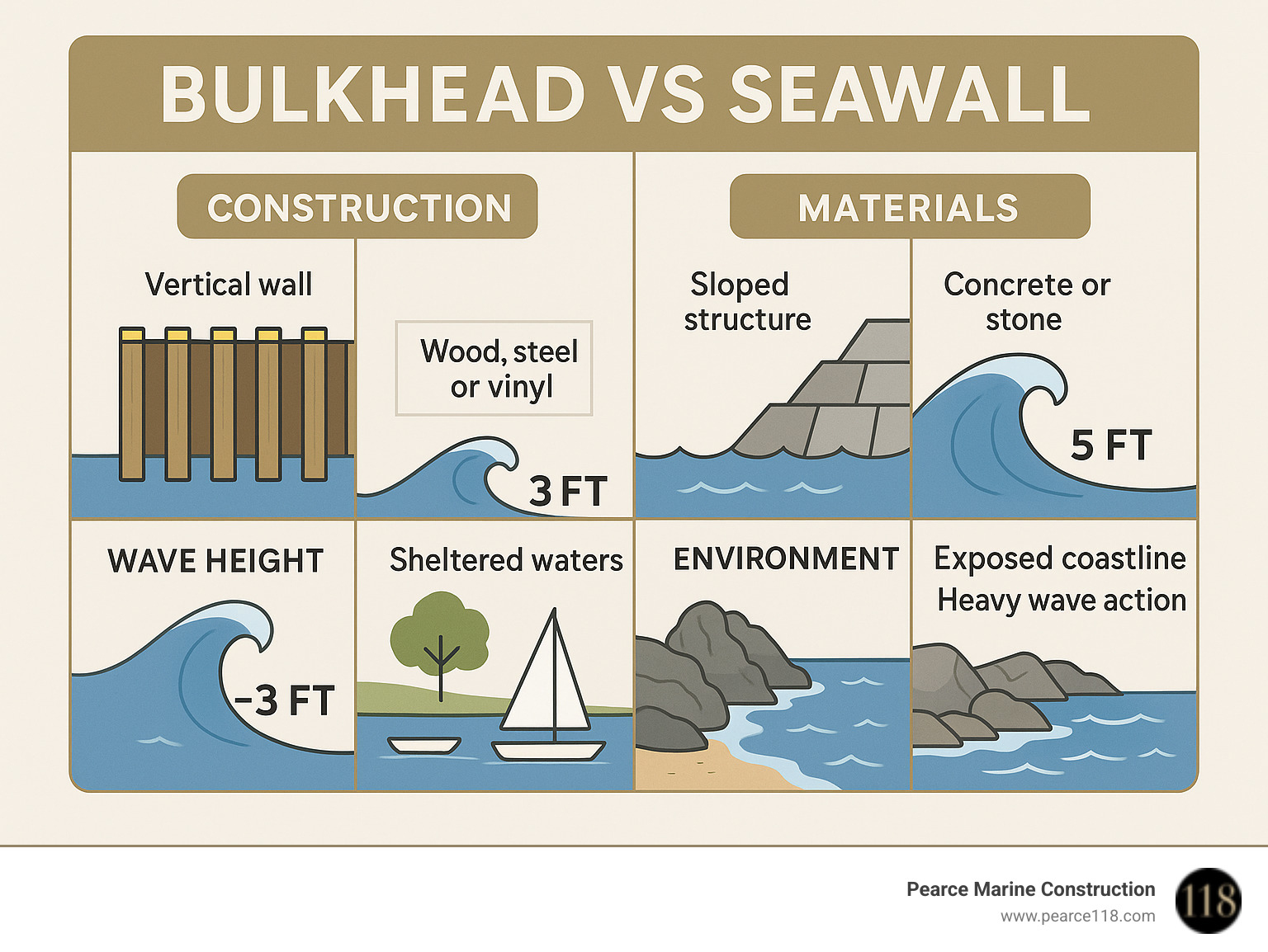 Detailed comparison showing bulkhead versus seawall construction methods, materials, wave height thresholds, and typical installation environments for coastal property protection - bulkhead and seawall infographic 